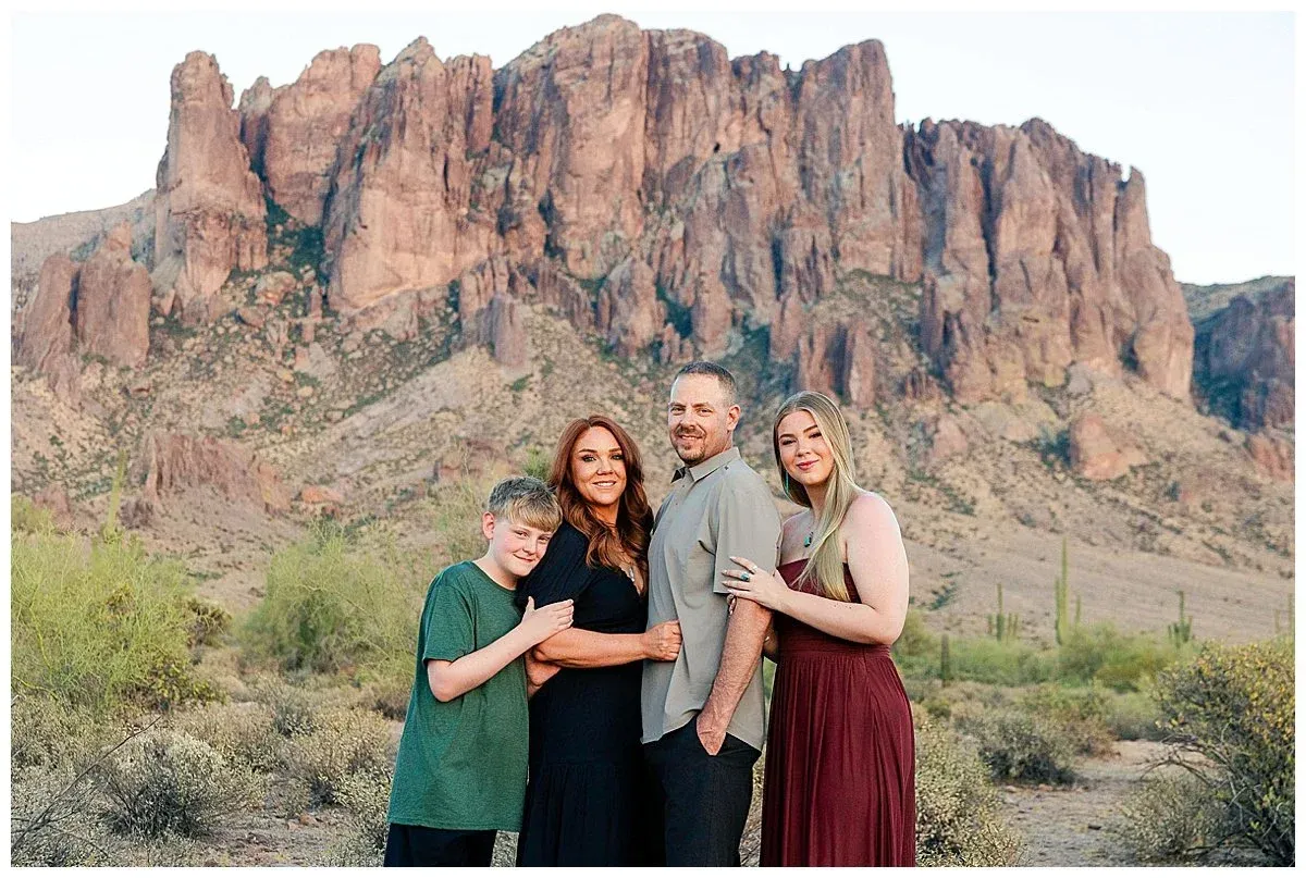 Family photos at Lost Dutchman State Park with the Superstition Mountains
